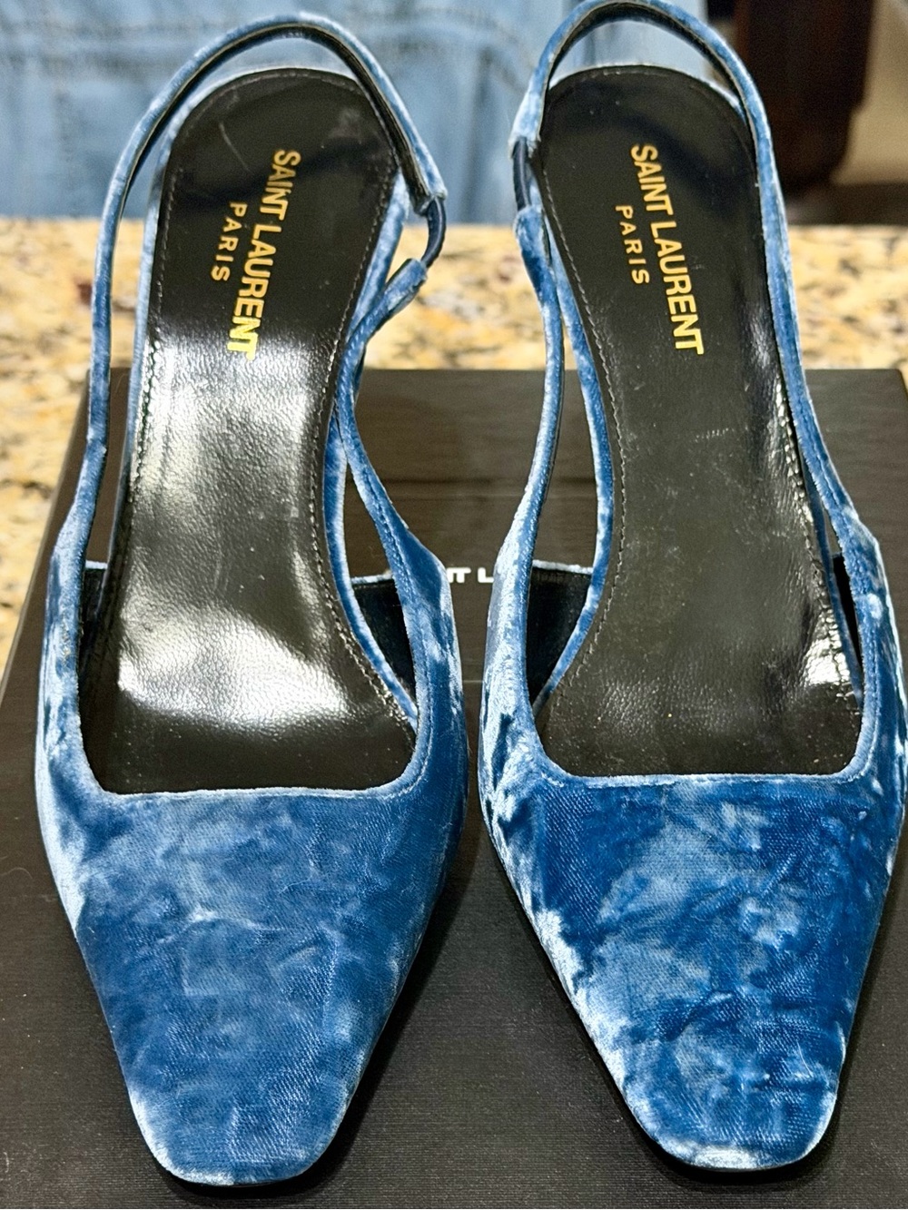 NWT Saint Laurent Blade 90 Blue Velvet
Slingback Pumps 37.5